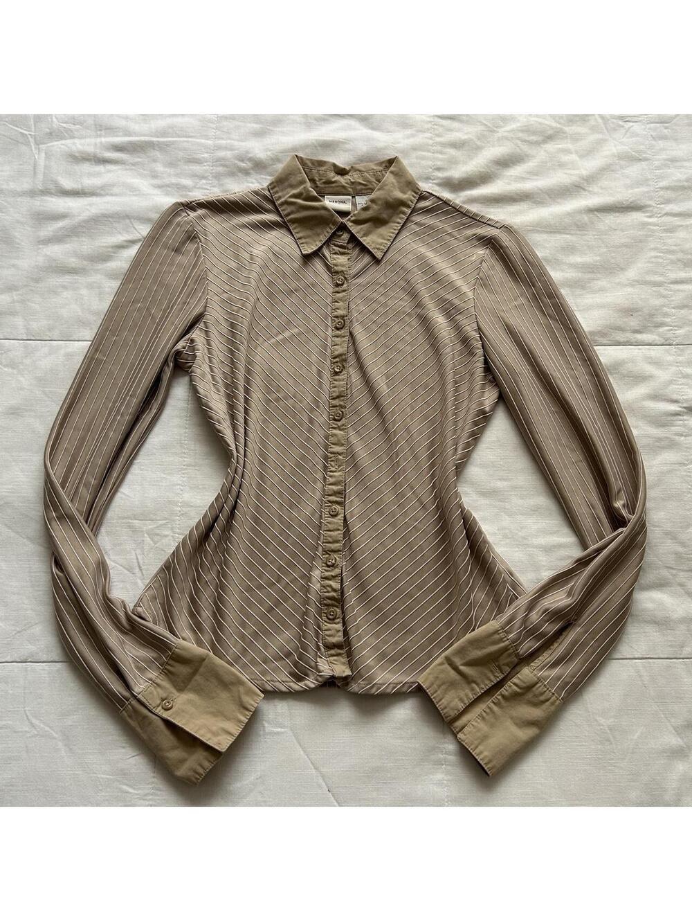 Merona Taupe Textured Stripe Button Front Blouse Office Siren Y2K Size S